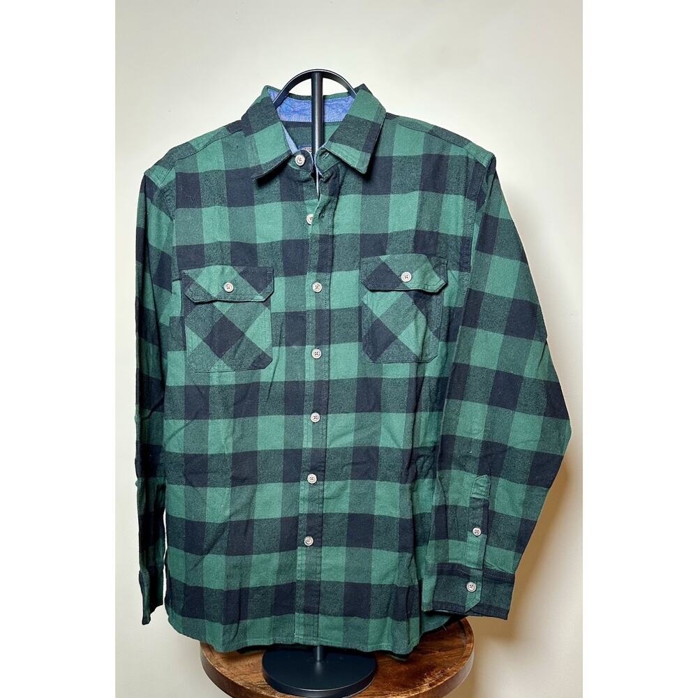 Mens Jachs Green & Black Plaid Heritage Flannel Shirt 100% Cotton Button Up L